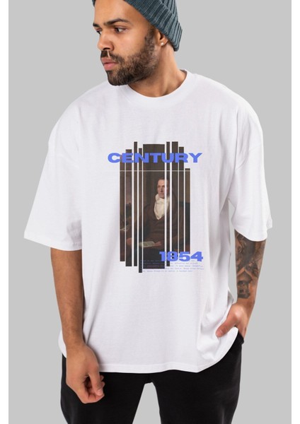 Century 1854 Yazılı Ön Baskılı Beyaz Oversize T-Shirt Erkek Kadın Bisiklet Yaka indirimleri