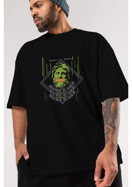 Silence Is Gold Ön Baskılı Siyah Oversize T-Shirt Erkek Kadın Bisiklet Yaka indirimleri