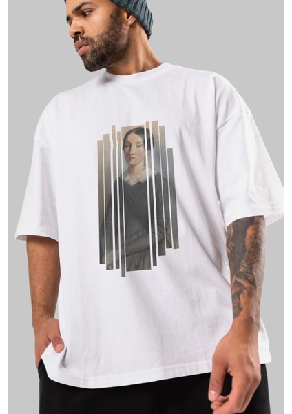 Retro Portre Ön Baskılı Beyaz Oversize T-Shirt Erkek Kadın Bisiklet Yaka