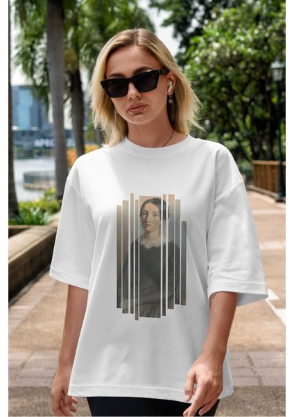 Retro Portre Ön Baskılı Beyaz Oversize T-Shirt Erkek Kadın Bisiklet Yaka fiyatları