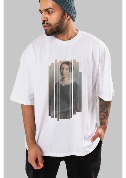 Retro Portre Ön Baskılı Beyaz Oversize T-Shirt Erkek Kadın Bisiklet Yaka fırsatları