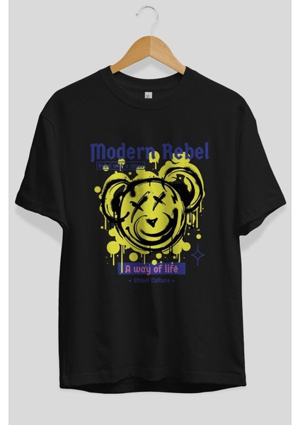 Modern Rebel Bear Ön Baskılı Siyah Oversize T-Shirt Erkek Kadın Bisiklet Yaka
