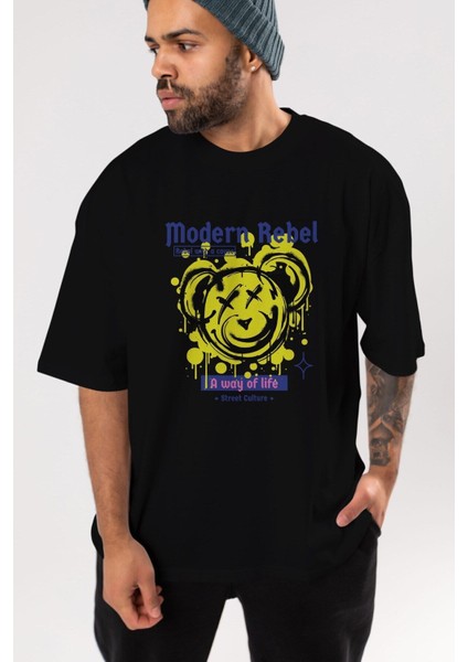 Modern Rebel Bear Ön Baskılı Siyah Oversize T-Shirt Erkek Kadın Bisiklet Yaka modelleri