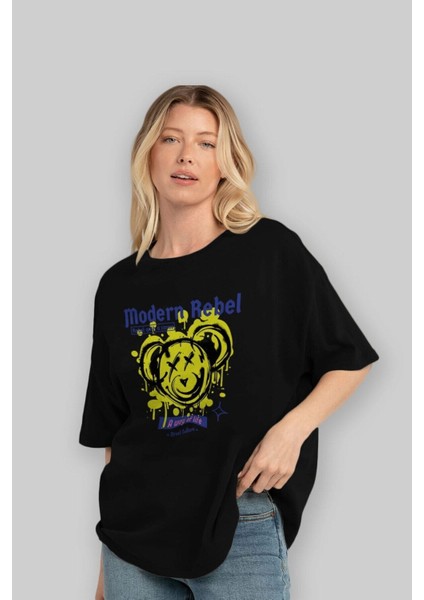 Modern Rebel Bear Ön Baskılı Siyah Oversize T-Shirt Erkek Kadın Bisiklet Yaka fırsatları