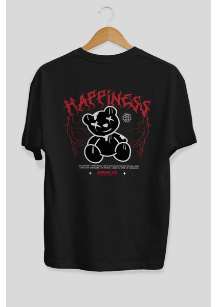 Happiness Bear Arka Baskılı Siyah Oversize T-Shirt Erkek Kadın Bisiklet Yaka modelleri