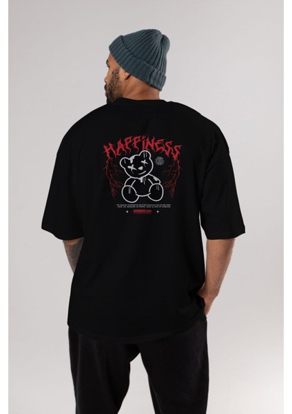 Happiness Bear Arka Baskılı Siyah Oversize T-Shirt Erkek Kadın Bisiklet Yaka fırsatları
