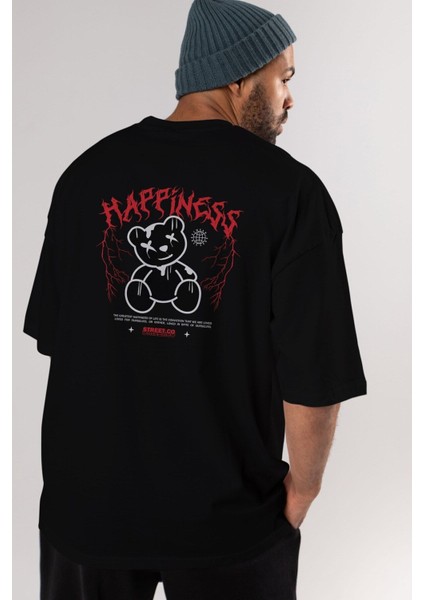 Happiness Bear Arka Baskılı Siyah Oversize T-Shirt Erkek Kadın Bisiklet Yaka indirimleri