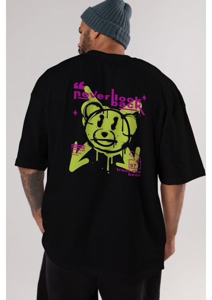 Never Look Back Bear Arka Baskılı Siyah Oversize T-Shirt Erkek Kadın Bisiklet Yaka fırsatları