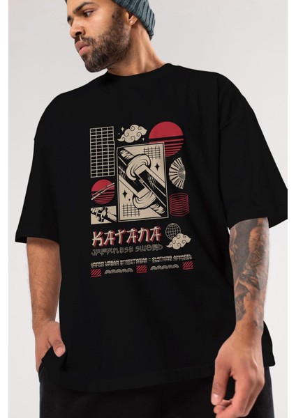 Katana Ön Baskılı Siyah Oversize T-Shirt Erkek Kadın Bisiklet Yaka