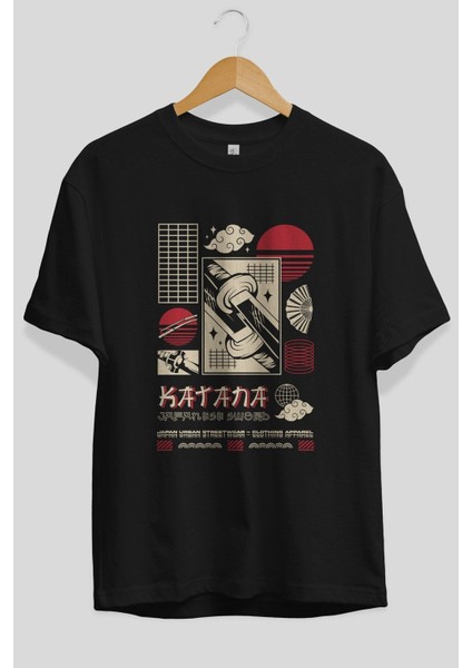Katana Ön Baskılı Siyah Oversize T-Shirt Erkek Kadın Bisiklet Yaka fiyatları