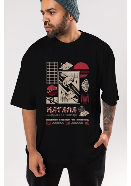 Katana Ön Baskılı Siyah Oversize T-Shirt Erkek Kadın Bisiklet Yaka fırsatları