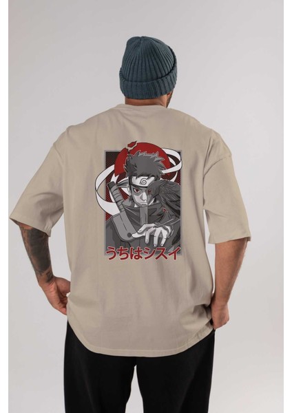 Shısuı Uchıha Naruto Anime Arka Baskılı Bej Oversize T-Shirt %100 Pamuk Erkek Kadın