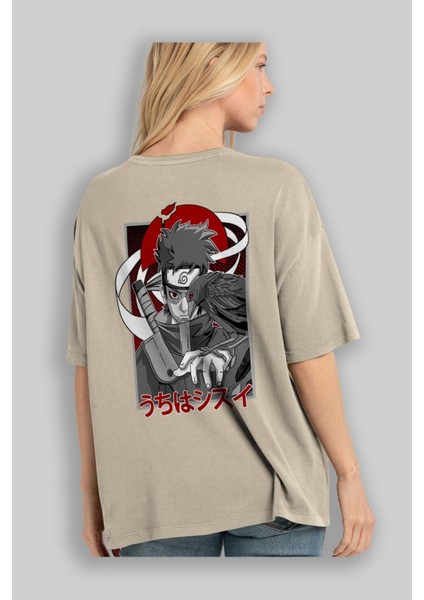 Shısuı Uchıha Naruto Anime Arka Baskılı Bej Oversize T-Shirt %100 Pamuk Erkek Kadın modelleri