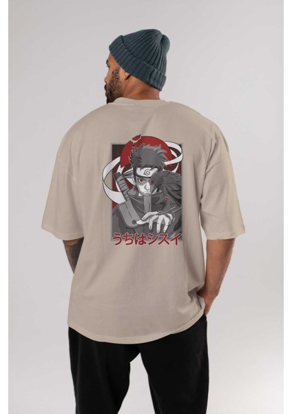 Shısuı Uchıha Naruto Anime Arka Baskılı Bej Oversize T-Shirt %100 Pamuk Erkek Kadın fırsatları