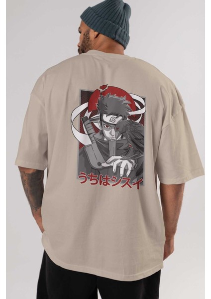 Shısuı Uchıha Naruto Anime Arka Baskılı Bej Oversize T-Shirt %100 Pamuk Erkek Kadın indirimleri