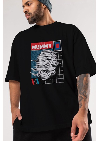 The Mummy Ön Baskılı Siyah Oversize T-Shirt Erkek Kadın Bisiklet Yaka