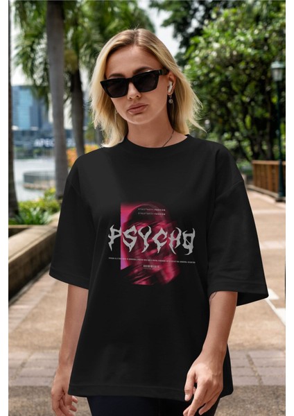 Psycho Streetwear Ön Baskılı Siyah Oversize T-Shirt Erkek Kadın Bisiklet Yaka