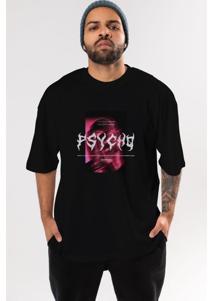 Psycho Streetwear Ön Baskılı Siyah Oversize T-Shirt Erkek Kadın Bisiklet Yaka modelleri