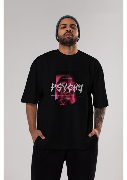 Psycho Streetwear Ön Baskılı Siyah Oversize T-Shirt Erkek Kadın Bisiklet Yaka fırsatları