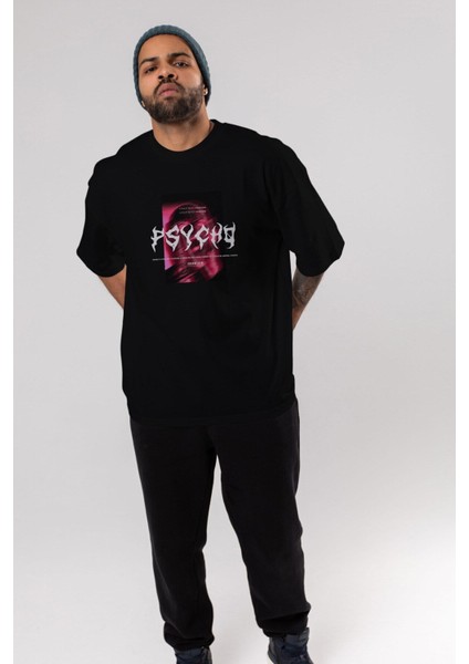 Psycho Streetwear Ön Baskılı Siyah Oversize T-Shirt Erkek Kadın Bisiklet Yaka indirimleri