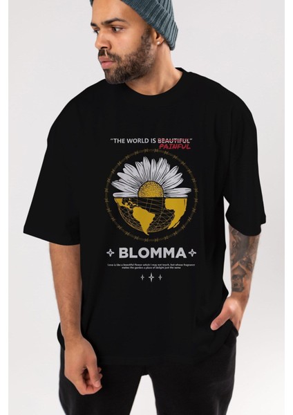 Blomma Ön Baskılı Siyah Oversize T-Shirt Erkek Kadın Bisiklet Yaka indirimleri