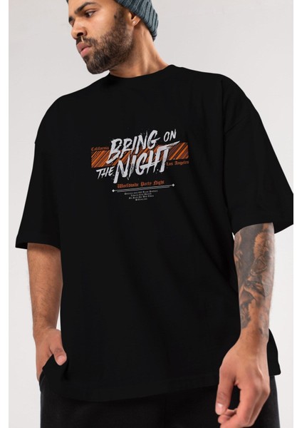 Bring On The Night Ön Baskılı Siyah Oversize T-Shirt Erkek Kadın Bisiklet Yaka