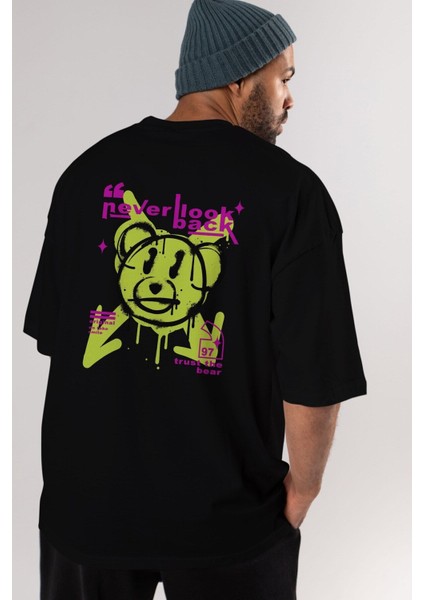 Never Look Back Bear Arka Baskılı Siyah Oversize T-Shirt Erkek Kadın Bisiklet Yaka indirimleri