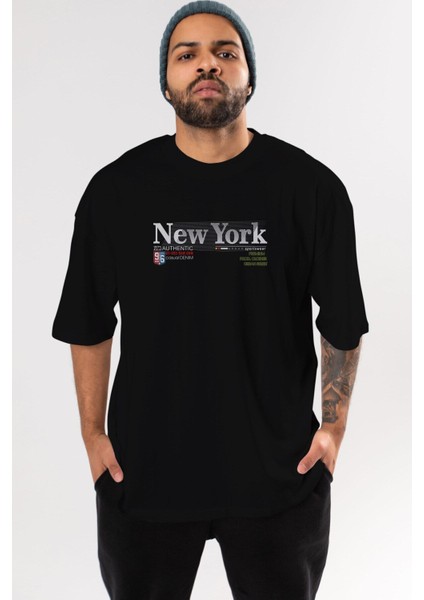 New York 96 Yazılı Ön Baskılı Siyah Oversize T-Shirt Erkek Kadın Bisiklet Yaka