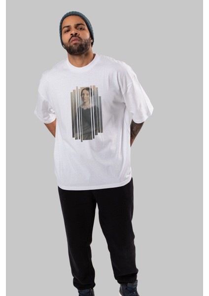 Retro Portre Ön Baskılı Beyaz Oversize T-Shirt Erkek Kadın Bisiklet Yaka indirimleri