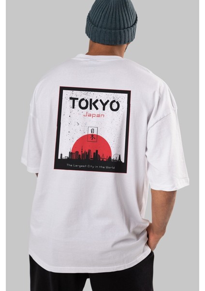 Tokyo Japan Yazılı Arka Baskılı Beyaz Oversize T-Shirt Erkek Kadın Bisiklet Yaka