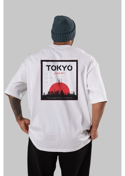 Tokyo Japan Yazılı Arka Baskılı Beyaz Oversize T-Shirt Erkek Kadın Bisiklet Yaka modelleri