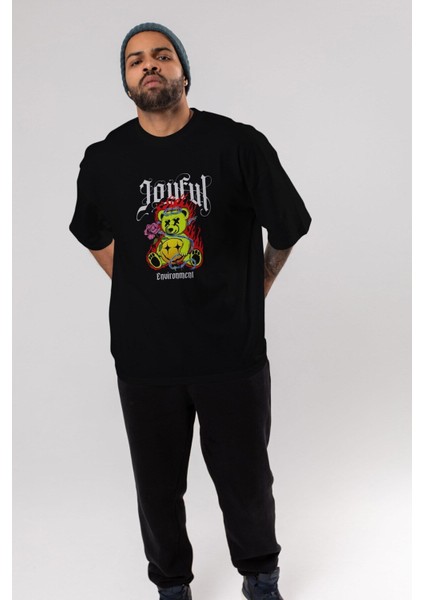 Joyful Bear Ön Baskılı Siyah Oversize T-Shirt Erkek Kadın Bisiklet Yaka