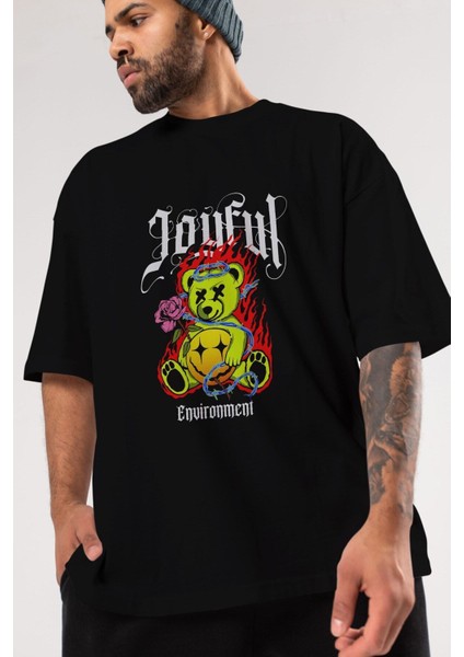 Joyful Bear Ön Baskılı Siyah Oversize T-Shirt Erkek Kadın Bisiklet Yaka fiyatları