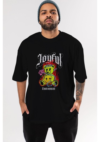 Joyful Bear Ön Baskılı Siyah Oversize T-Shirt Erkek Kadın Bisiklet Yaka modelleri