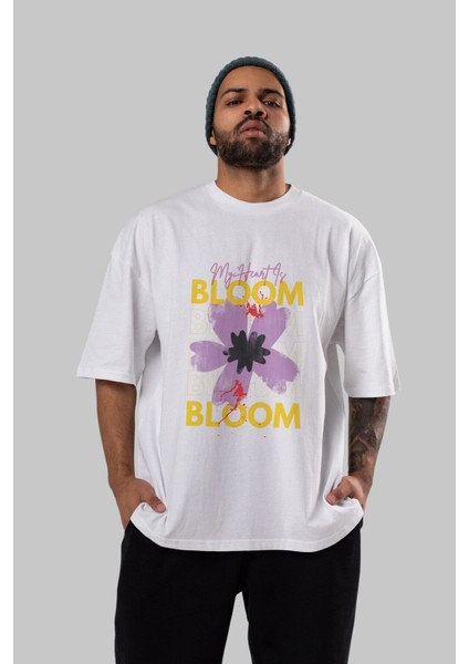 Bloom Yazılı Ön Baskılı Beyaz Oversize T-Shirt Erkek Kadın Bisiklet Yaka