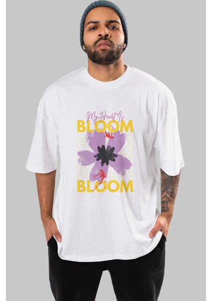 Bloom Yazılı Ön Baskılı Beyaz Oversize T-Shirt Erkek Kadın Bisiklet Yaka fiyatları