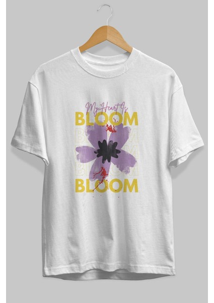 Bloom Yazılı Ön Baskılı Beyaz Oversize T-Shirt Erkek Kadın Bisiklet Yaka modelleri