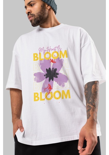 Bloom Yazılı Ön Baskılı Beyaz Oversize T-Shirt Erkek Kadın Bisiklet Yaka fırsatları