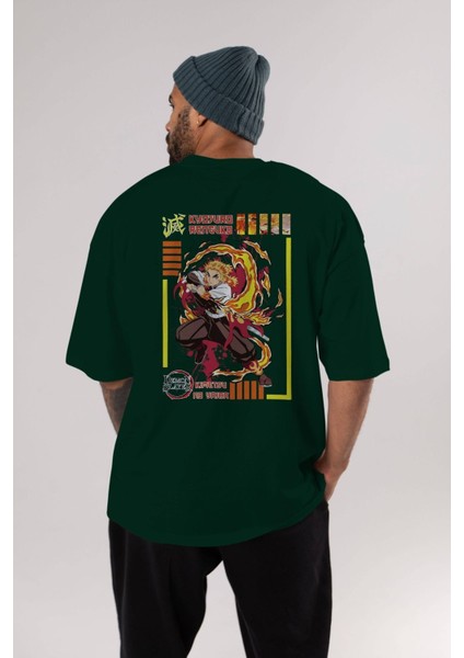 Kyojuro Rengoku Anime Arka Baskılı Zümrüt Yeşili Oversize T-Shirt Pamuk Erkek Kadın indirimleri