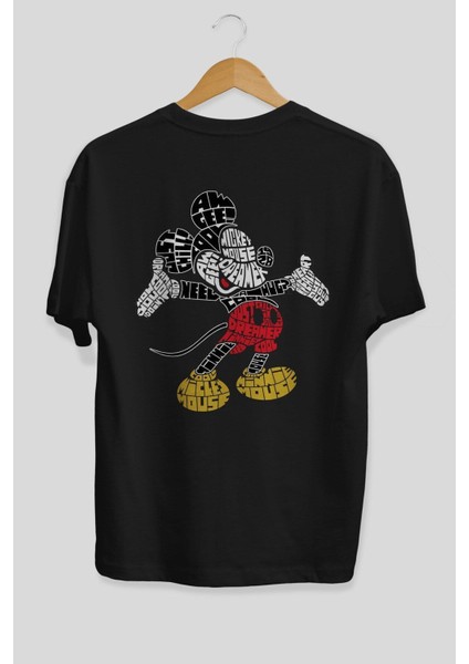 Mickey Arka Baskılı Siyah Oversize T-Shirt Erkek Kadın Bisiklet Yaka fiyatları