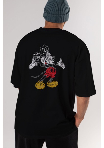 Mickey Arka Baskılı Siyah Oversize T-Shirt Erkek Kadın Bisiklet Yaka modelleri