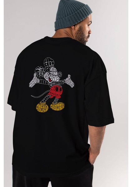 Mickey Arka Baskılı Siyah Oversize T-Shirt Erkek Kadın Bisiklet Yaka fırsatları