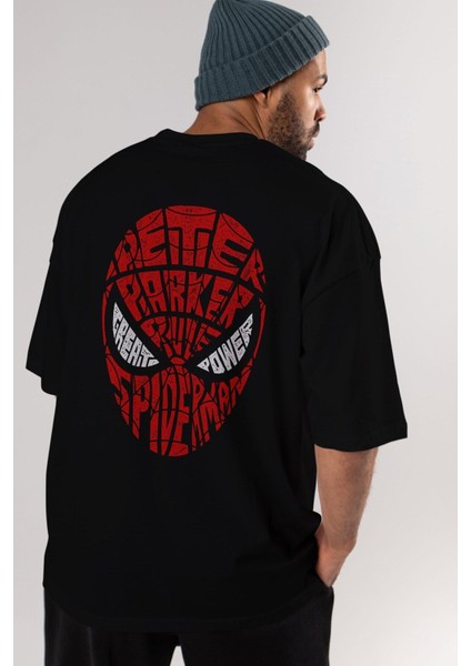 Spiderman Arka Baskılı Siyah Oversize T-Shirt Erkek Kadın Bisiklet Yaka fiyatları