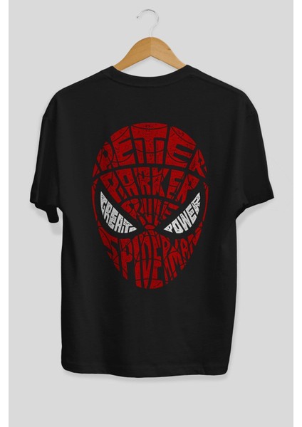 Spiderman Arka Baskılı Siyah Oversize T-Shirt Erkek Kadın Bisiklet Yaka modelleri