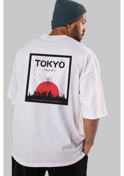 Tokyo Japan Yazılı Arka Baskılı Beyaz Oversize T-Shirt Erkek Kadın Bisiklet Yaka indirimleri