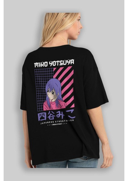 Miko Yotsuya Arka Baskılı Siyah Oversize T-Shirt Erkek Kadın Bisiklet Yaka