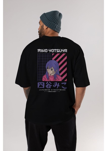 Miko Yotsuya Arka Baskılı Siyah Oversize T-Shirt Erkek Kadın Bisiklet Yaka fırsatları