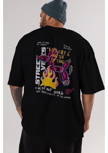 Street Vibes Arka Baskılı Siyah Oversize T-Shirt Erkek Kadın Bisiklet Yaka
