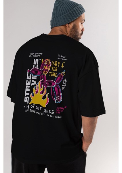 Street Vibes Arka Baskılı Siyah Oversize T-Shirt Erkek Kadın Bisiklet Yaka modelleri