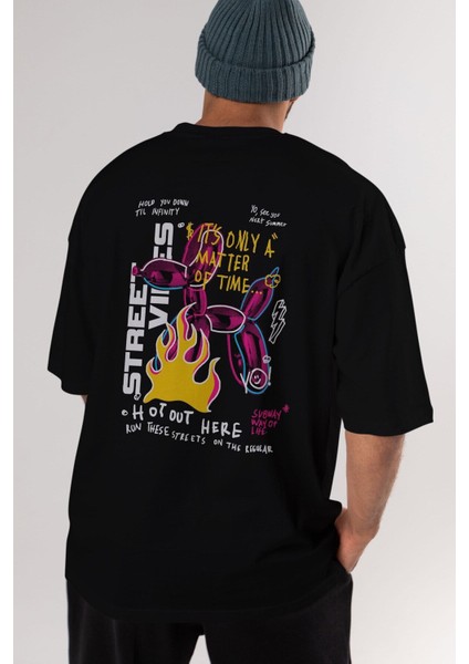 Street Vibes Arka Baskılı Siyah Oversize T-Shirt Erkek Kadın Bisiklet Yaka fırsatları